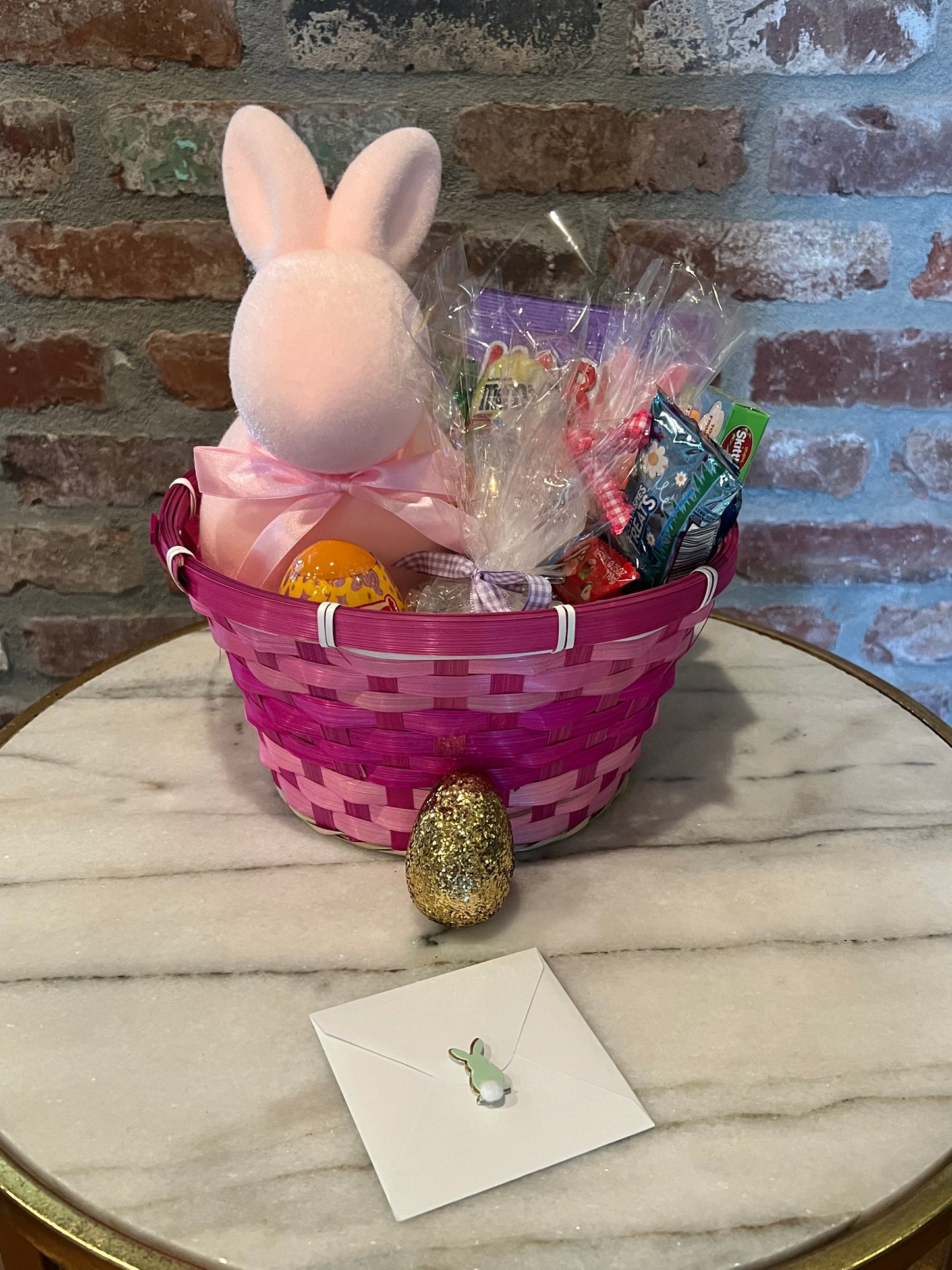 Pink Sitting Flocked Bunny Basket