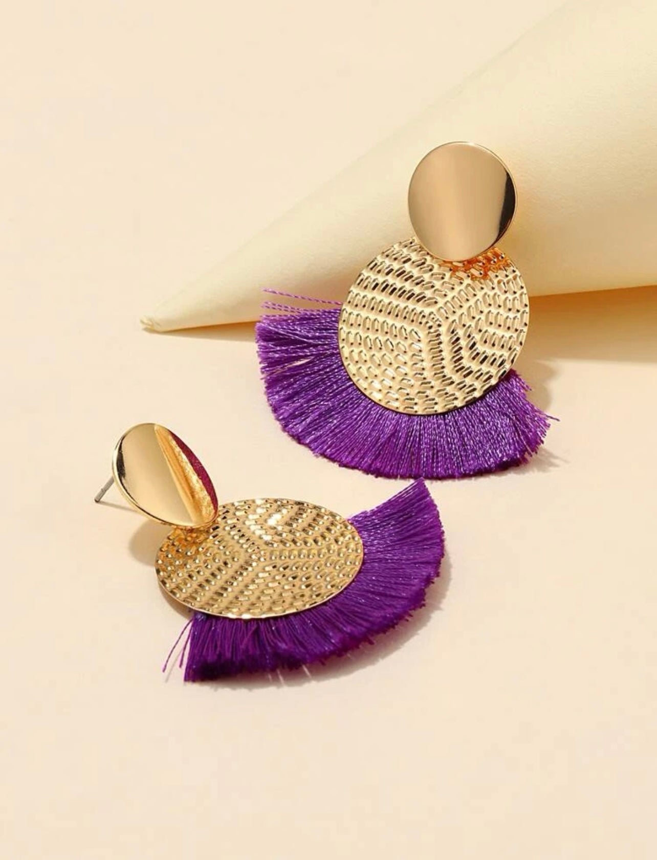 Purple and Gold Tassel Round Drop Earrings