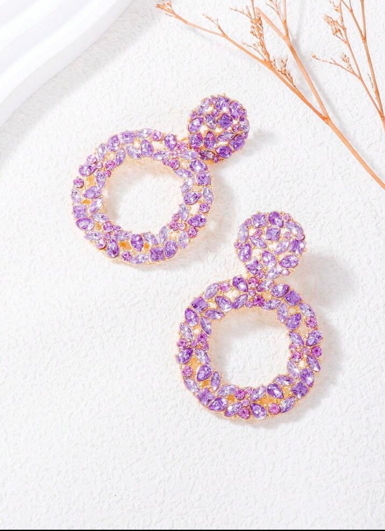 Purple Round Rhinestone Dangle Earrings