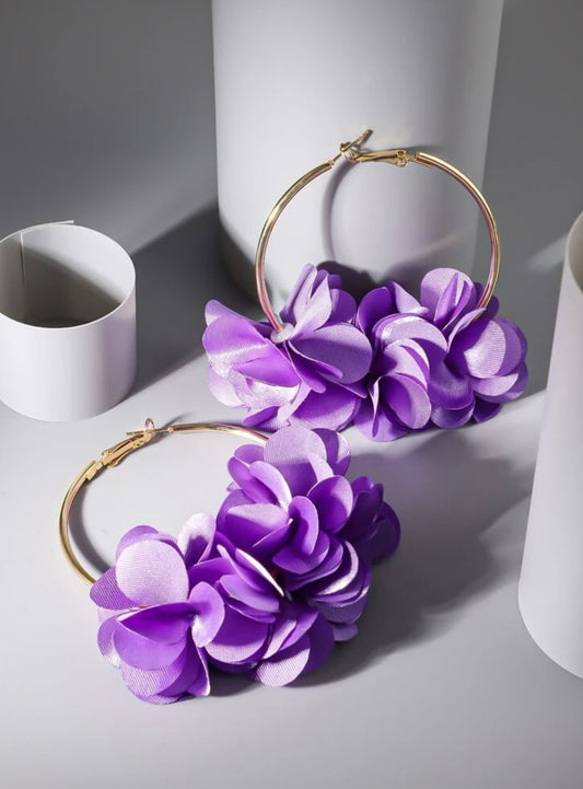 Purple Flower Design Hoop Earrings