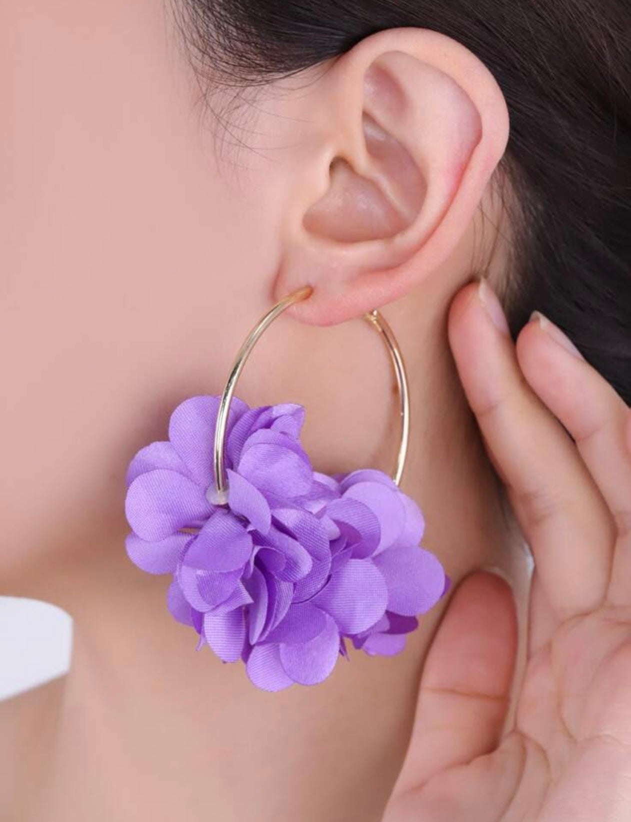 Purple Flower Design Hoop Earrings