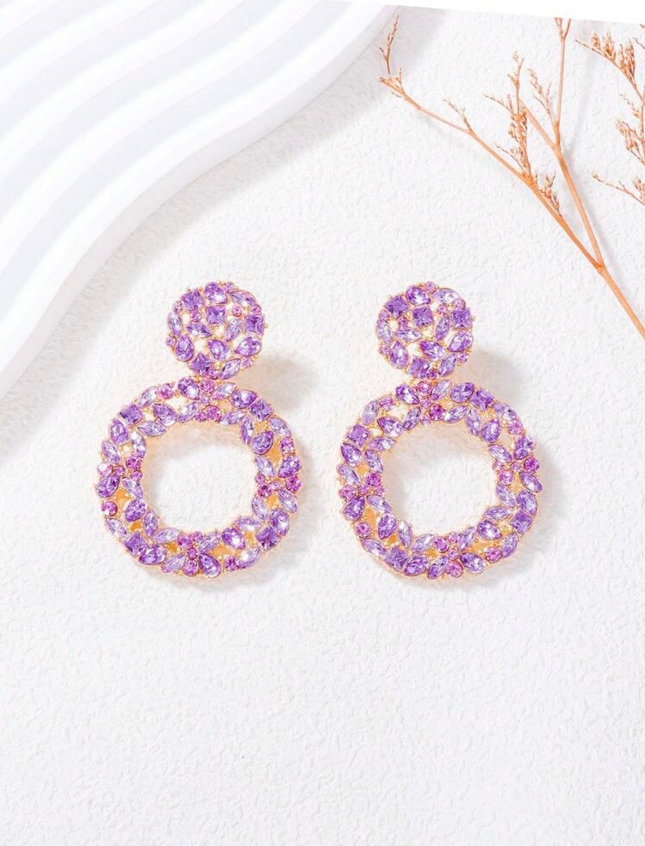 Purple Round Rhinestone Dangle Earrings