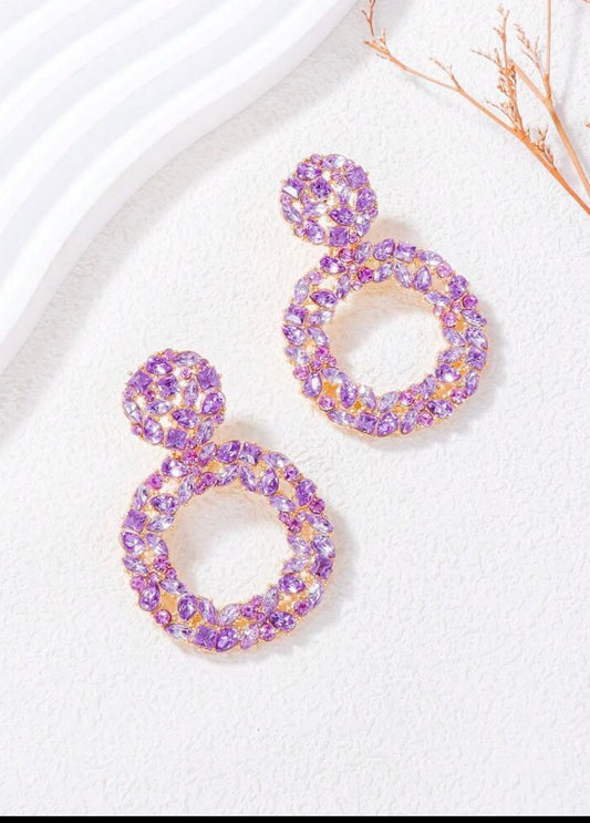 Purple Round Rhinestone Dangle Earrings