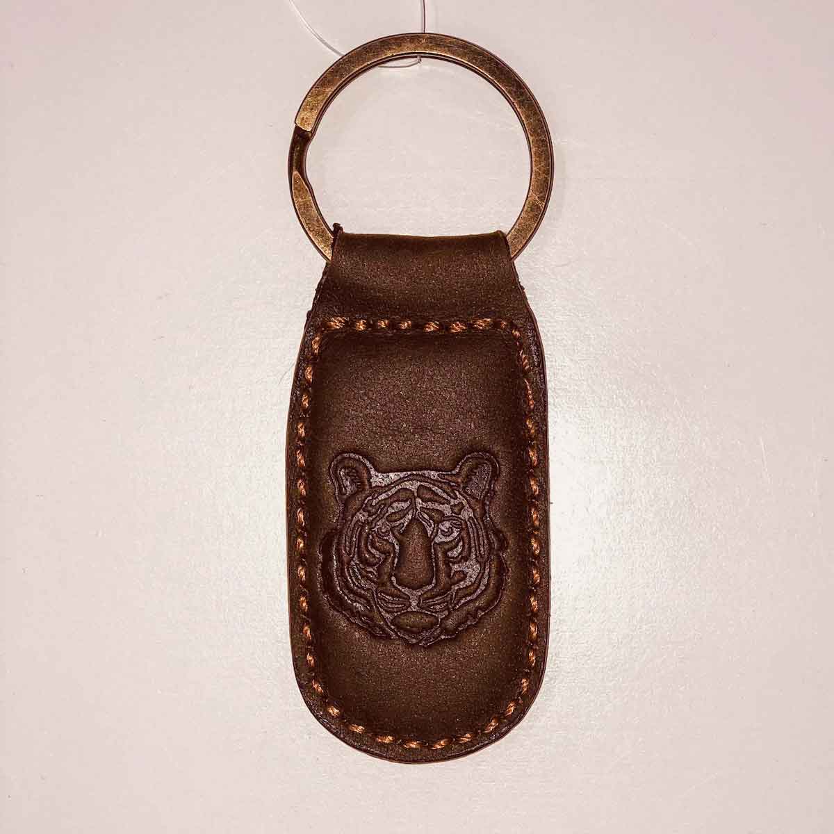 Tiger Leather Embossed Keychain Dark Brown 1.35x2.55