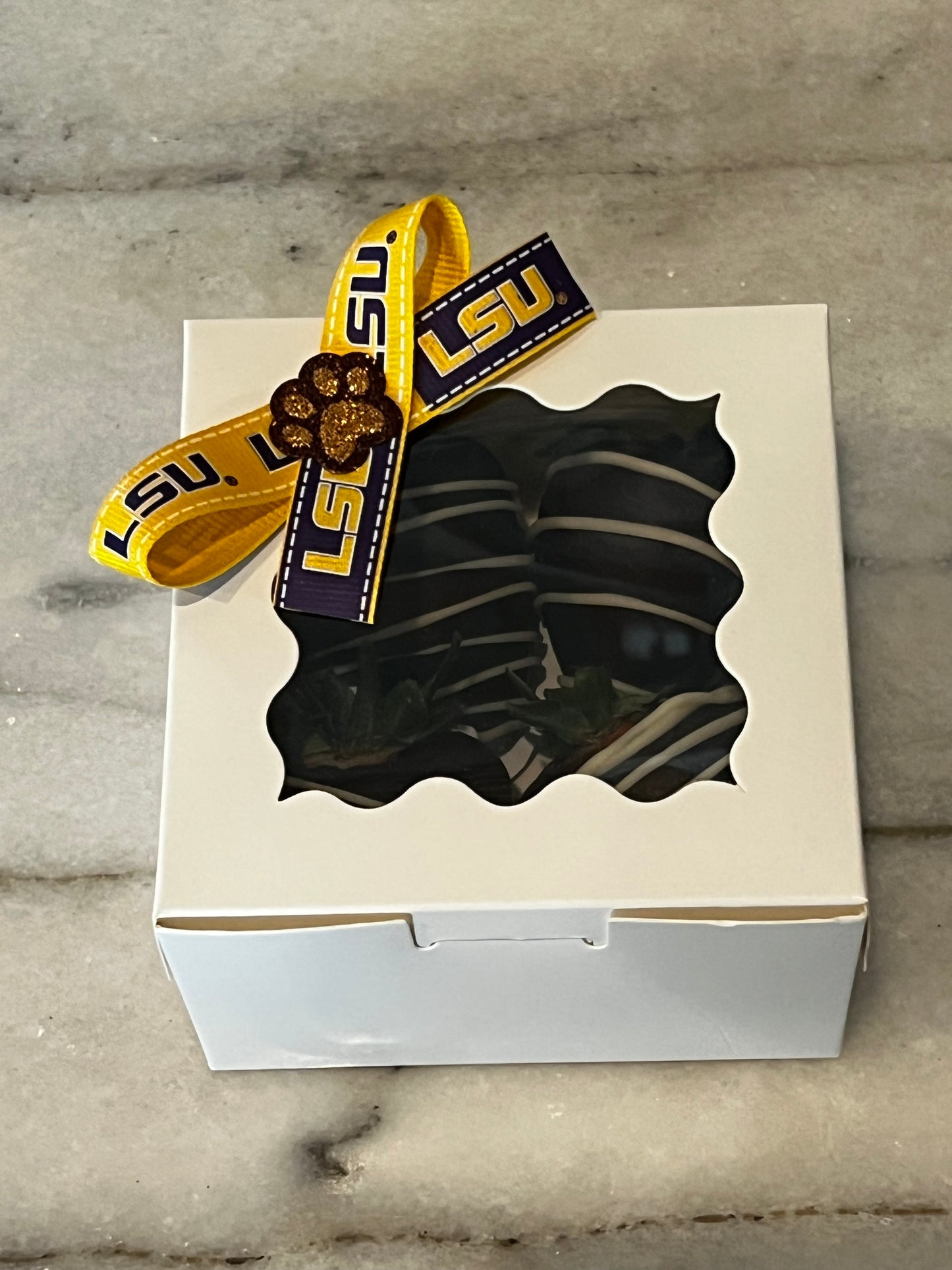 “POP UP” - Bundtlet with Purple Ribbon & Yellow Daisy and 4 LSU Chocolate Covered Strawberries Combo Box