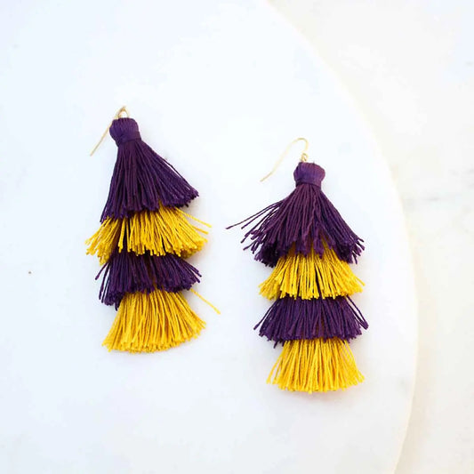 LSU Spirit Tassel Earrings Purple/Yellow 3"
