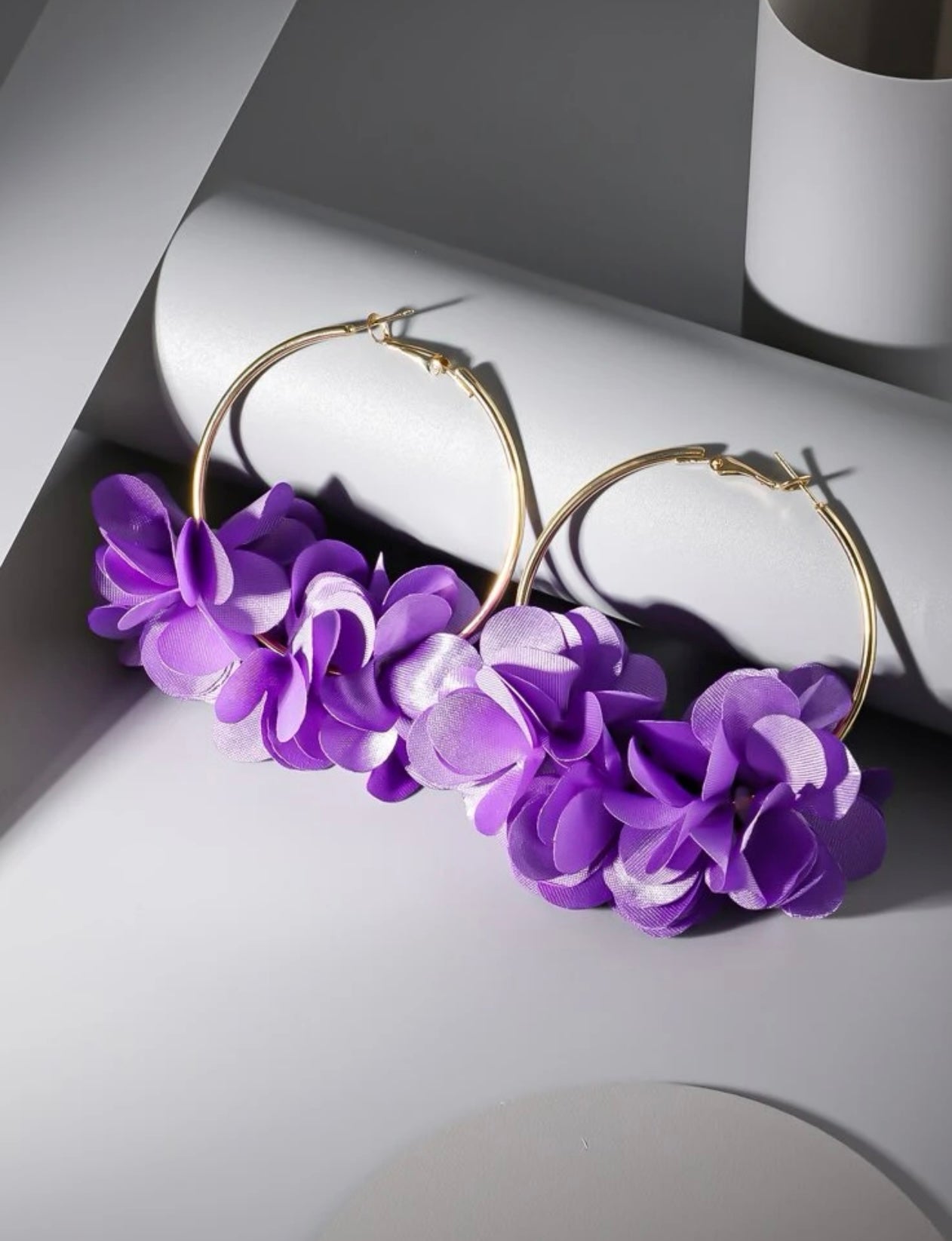 Purple Flower Design Hoop Earrings