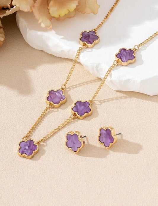 Purple Lucky Clover Earrings and Necklace Set