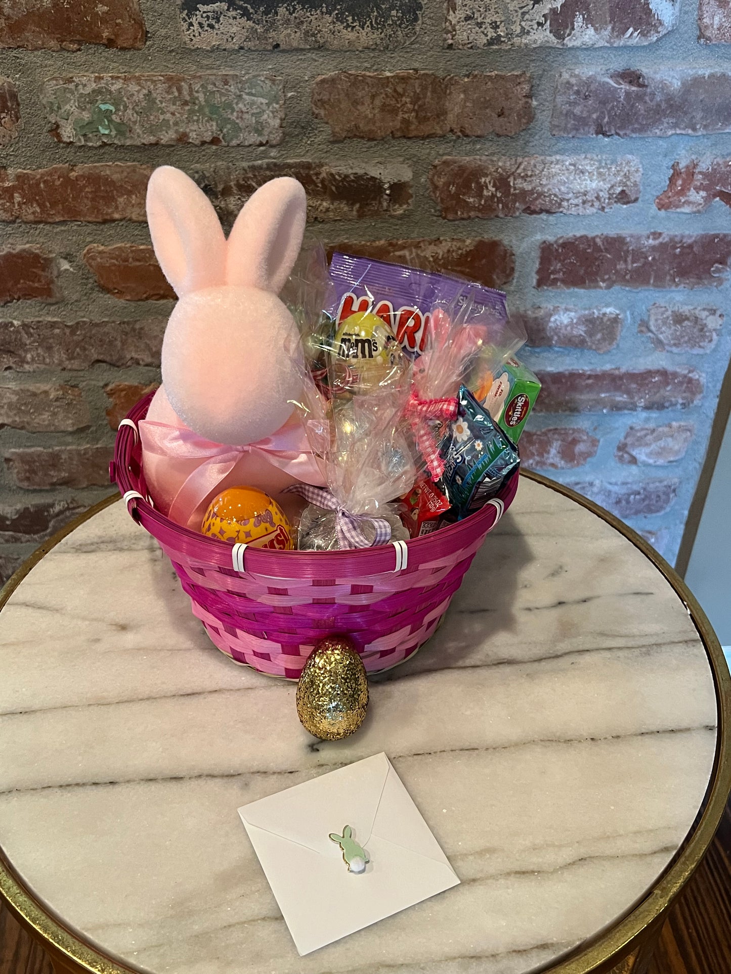 Pink Sitting Flocked Bunny Basket