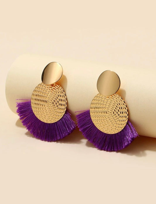 Purple and Gold Tassel Round Drop Earrings