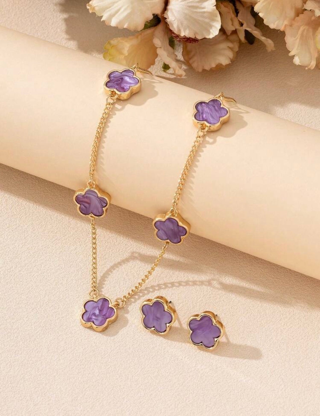 Purple Lucky Clover Earrings and Necklace Set