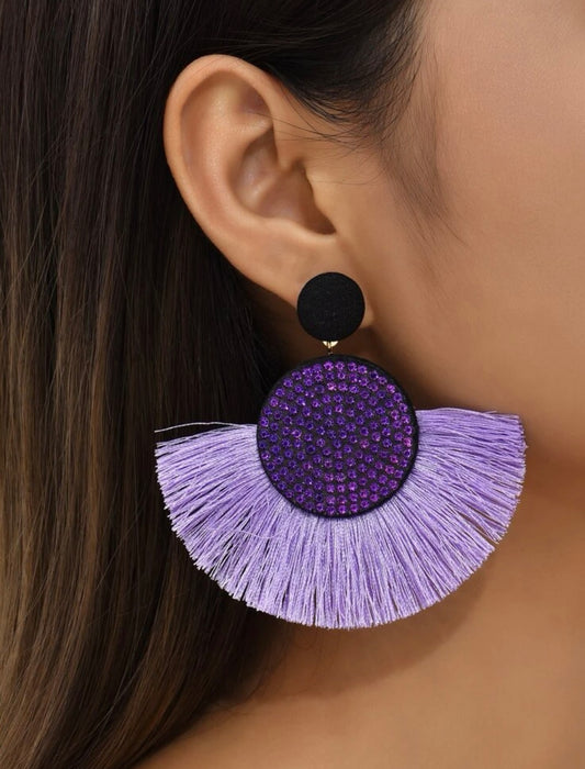 Purple Rhinestone Tassel Earrings