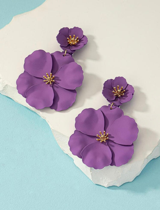 Purple Metal Multi-Layer Flower Shaped Drop Earrings