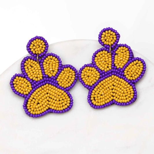 Paw Print Beaded Earrings Yellow/Purple 2"
