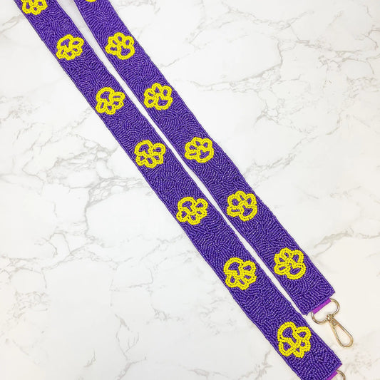 Beaded Purse Strap - Purple & Yellow Paw Print