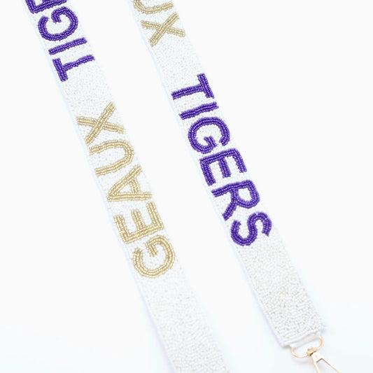 Geaux Tigers Beaded Crossbody Strap in White